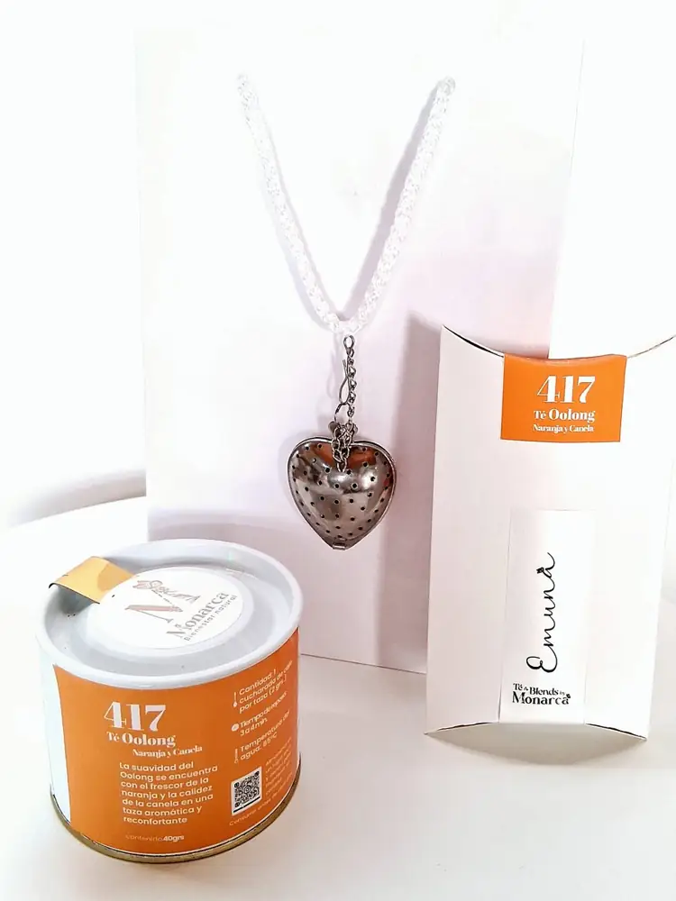 Lata naranja Emuná 417, té oolong, con sobre y filtro de corazón