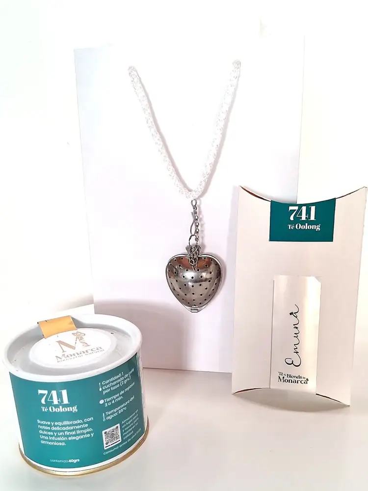 Lata turquesa Emuná 741, té oolong, con sobre y filtro de corazón